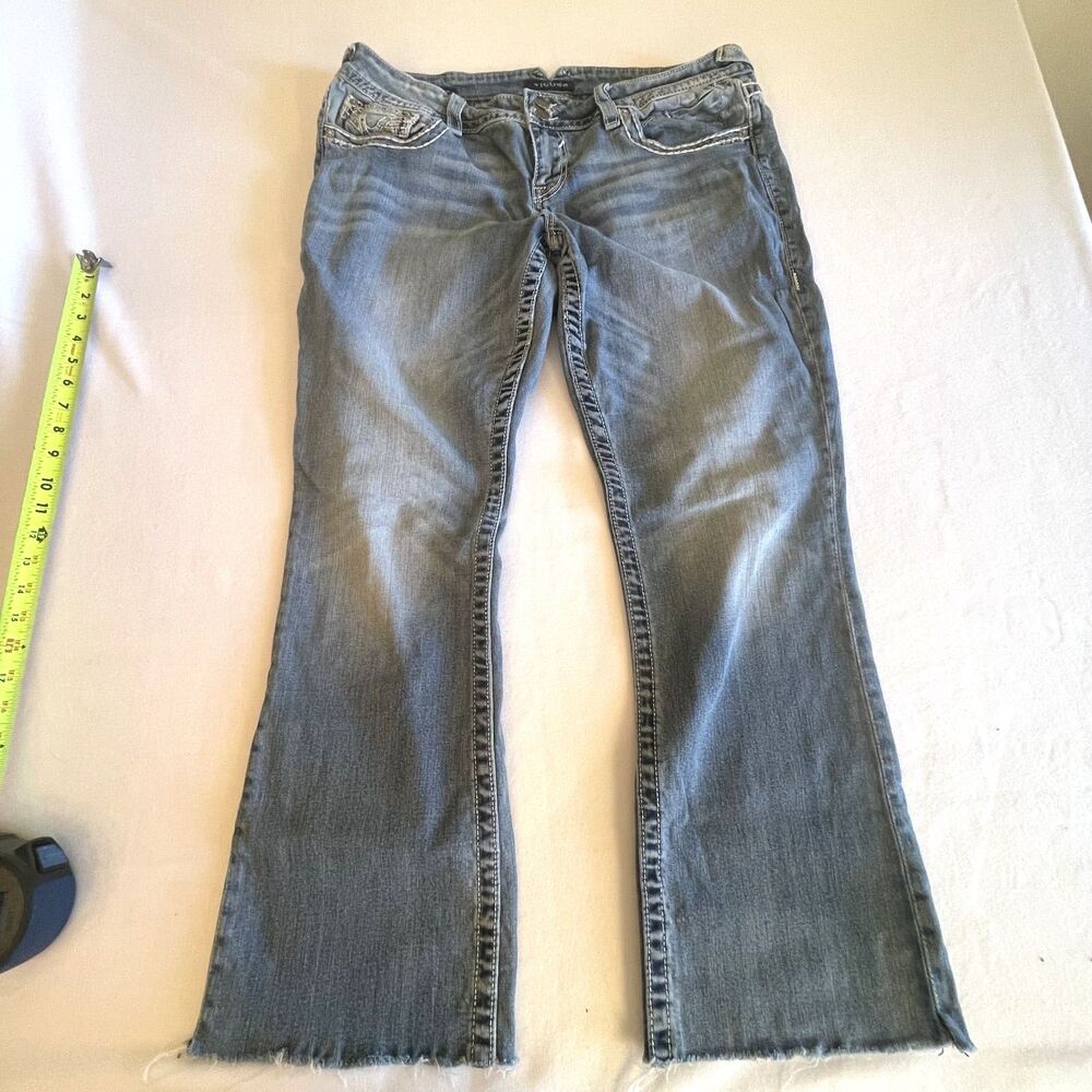 Vigoss Y2K Embroidered NY Slim Boot Jeans Womens 15/16 Raw Hem Distressed Light